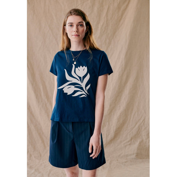 Redgreen Women Coral T-shirt Short Sleeve Tee Navy Pattern
